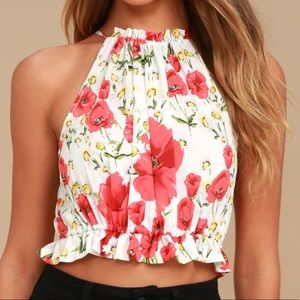 [NWOT] Lulus Nostalgia White and Red Floral Print Crop Top size XS